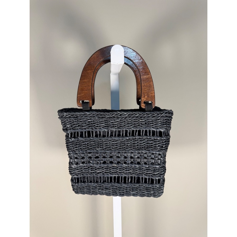Black Corn Husk Woven Basket Handbag Wooden‎ Handles Boho Coastal